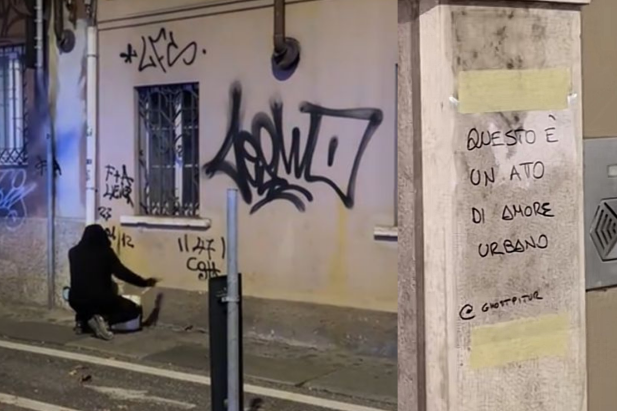 Pintor fantasma limpa pichações de madrugada com máscara e deixa bilhete; vídeo Um pintor fantasma limpa pichações de prédios históricos de madrugada, na Itália. Vídeo dele tem 4,8 milhões de visualizações. - Foto: Ghospitur/Tiktik