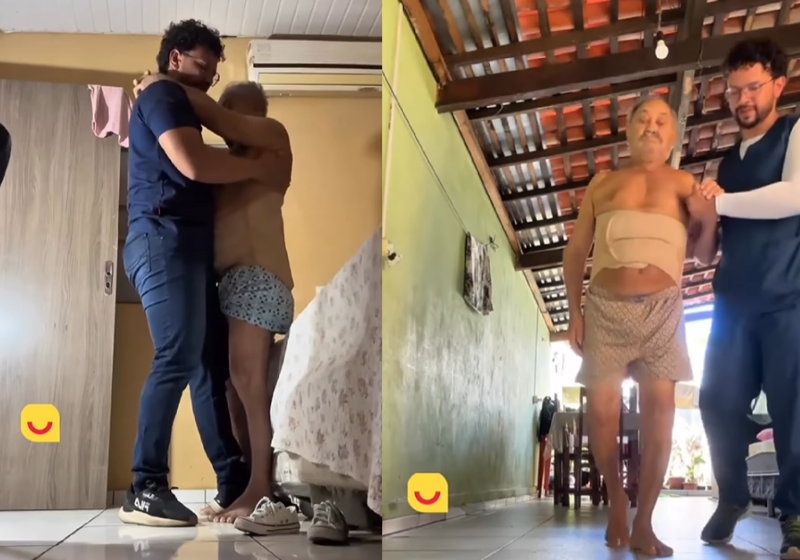 Idoso promete dar presente a fisioterapeuta se voltar a andar e o melhor acontece; vídeo Fisioterapeuta ajuda idoso do interior do Piauí a voltar a andar e ele cumpre promessa linda feita ao profissional. - Foto: reprodução redes sociais