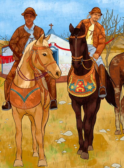 Ilustração com dois homens montados em cavalos, com vestimentas típicas, de chapéu e jaqueta de couro marrom, em cenário da caatinga com igreja ao fundo