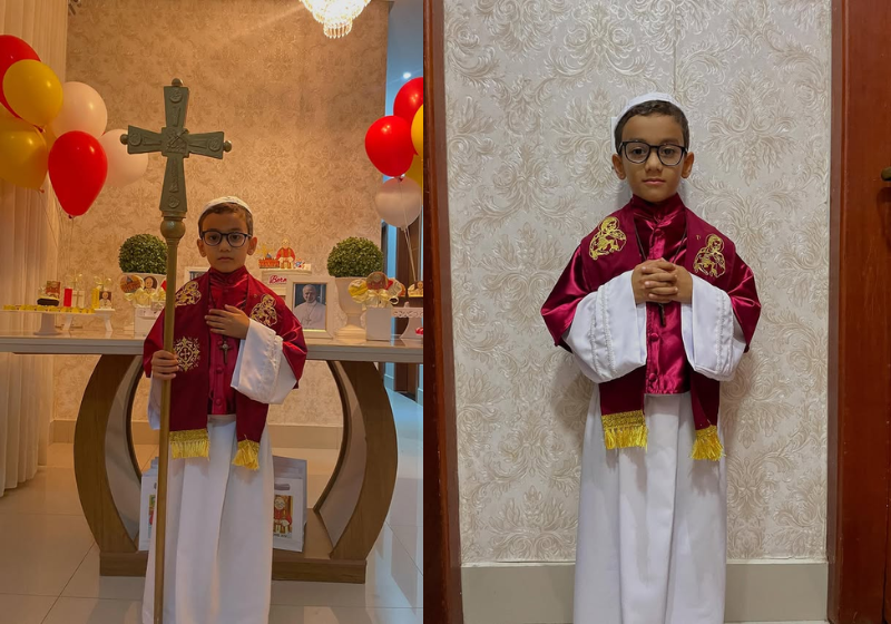 Menino de 6 anos escolhe Papa Leão XIV como tema de aniversário; ‘ama a missa’ O garotinho escolheu o Papa Leão XIV como tema de aniversário. O resultado ficou incrível - Foto: reprodução Instagram @tatiele_peres