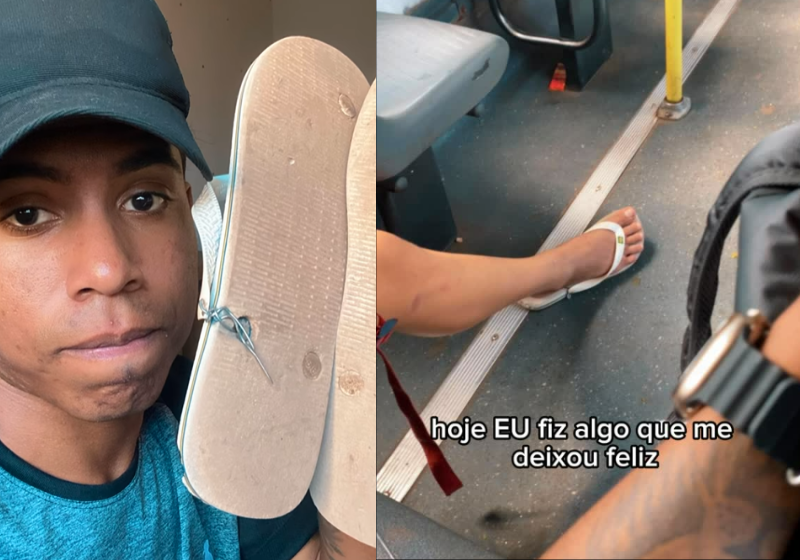 O jovem tirou os próprios chinelos e deu para um rapaz que usava uma havaiana quebrada. O gesto viralizou - Foto: redes sociais