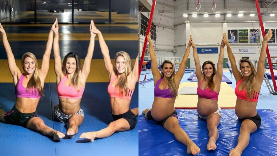 Jade e gêmeas Bia e Branca em fotos de 2014 (à esquerda) e 2025 (à direita)