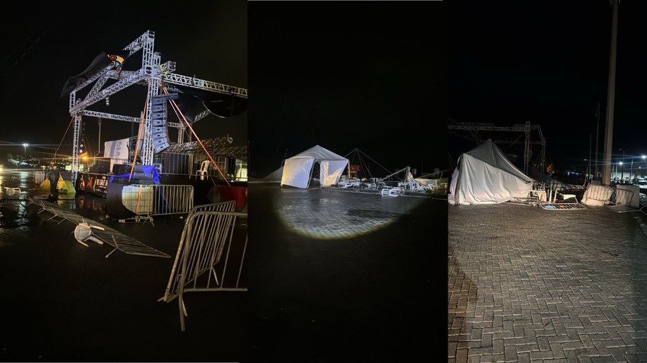 Chuva e ventos derrubam árvores e destroem tenda de eventos em Peruíbe (SP)