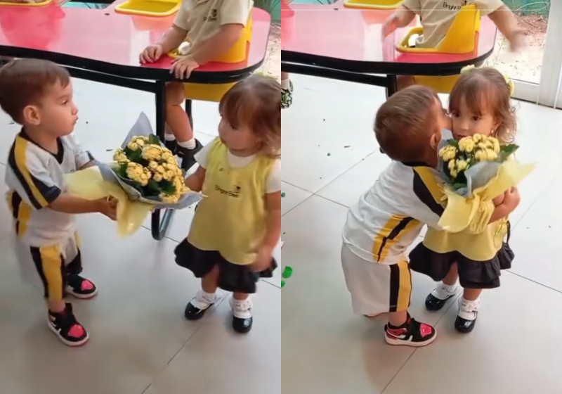 Garotinho que mordeu coleguinha na escola leva flores para ela e viraliza; vídeo A mãe incentivou o filho, que mordeu uma coleguinha de escola, a pedir desculpas da forma mais fofa, com flores. - Foto: reprodução TikTok