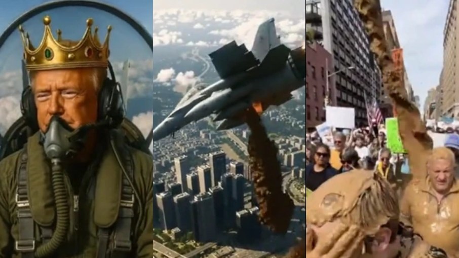 Trump publica vídeo com IA jogando dejetos em manifestantes e usando coroa para ironizar protestos Trump publica vídeo com IA jogando dejetos em manifestantes e usando coroa para ironizar protestos