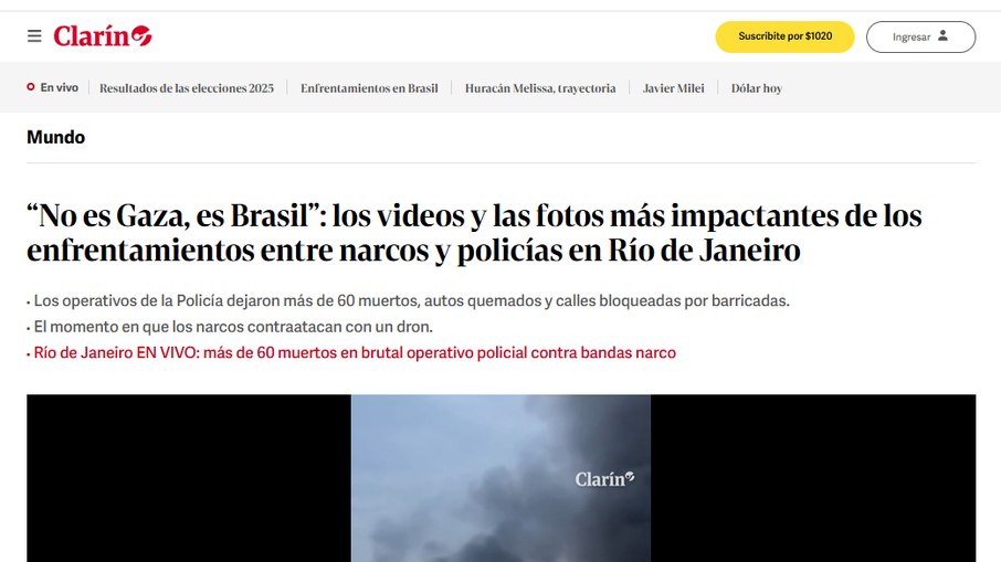 O Clarín comparou a situação no Rio de Janeiro com um cenário de guerra. O Clarín comparou a situação no Rio de Janeiro com um cenário de guerra.