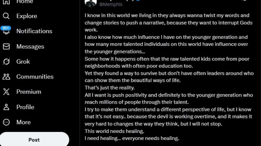 Memphis se manifesta após críticas por apoio a Oruam Memphis se manifesta após críticas por apoio a Oruam