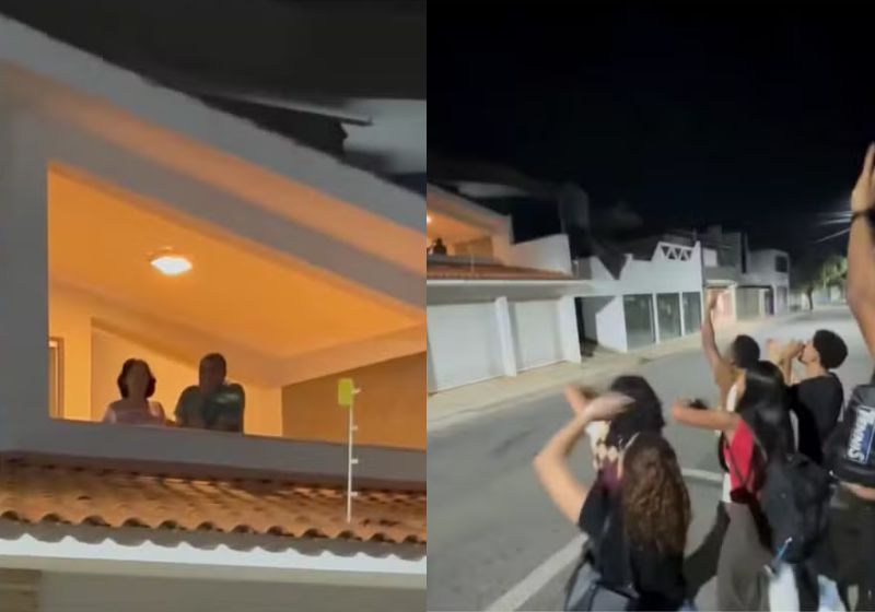 Alunos fazem serenata para idosa com Alzheimer que gosta de acenar na varanda; vídeo Alunos da faculdade Fadminas (MG) fizeram a serenata esta semana na porta da casa de uma idosa com Alzheimer. Ela fica esperando todo dia por eles. - Fotos: reprodução/Instagram