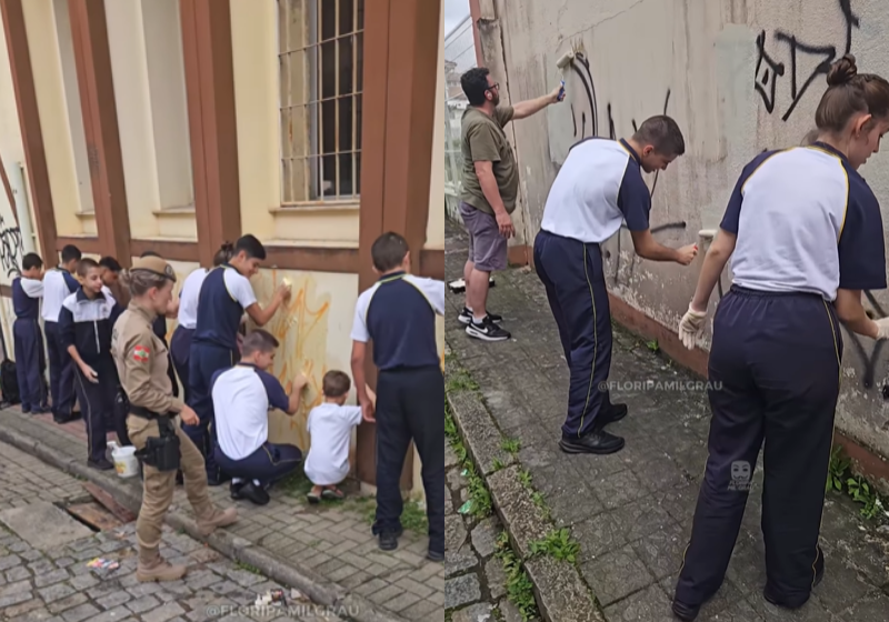 Alunos, pais e professores limpam pichações na cidade e dão exemplo; vídeo Alunos dão aula de responsabilidade social e limpam as pichações de muros espalhados por toda a cidade de Blumenau (SC) - Foto: Floripa Mil Grau