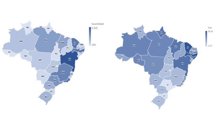 Na esquerda, mapa do país pela quantidade de homicídios dolosos. Na direita, o mesmo mapa a partir da taxa por 100 mil habitantes.