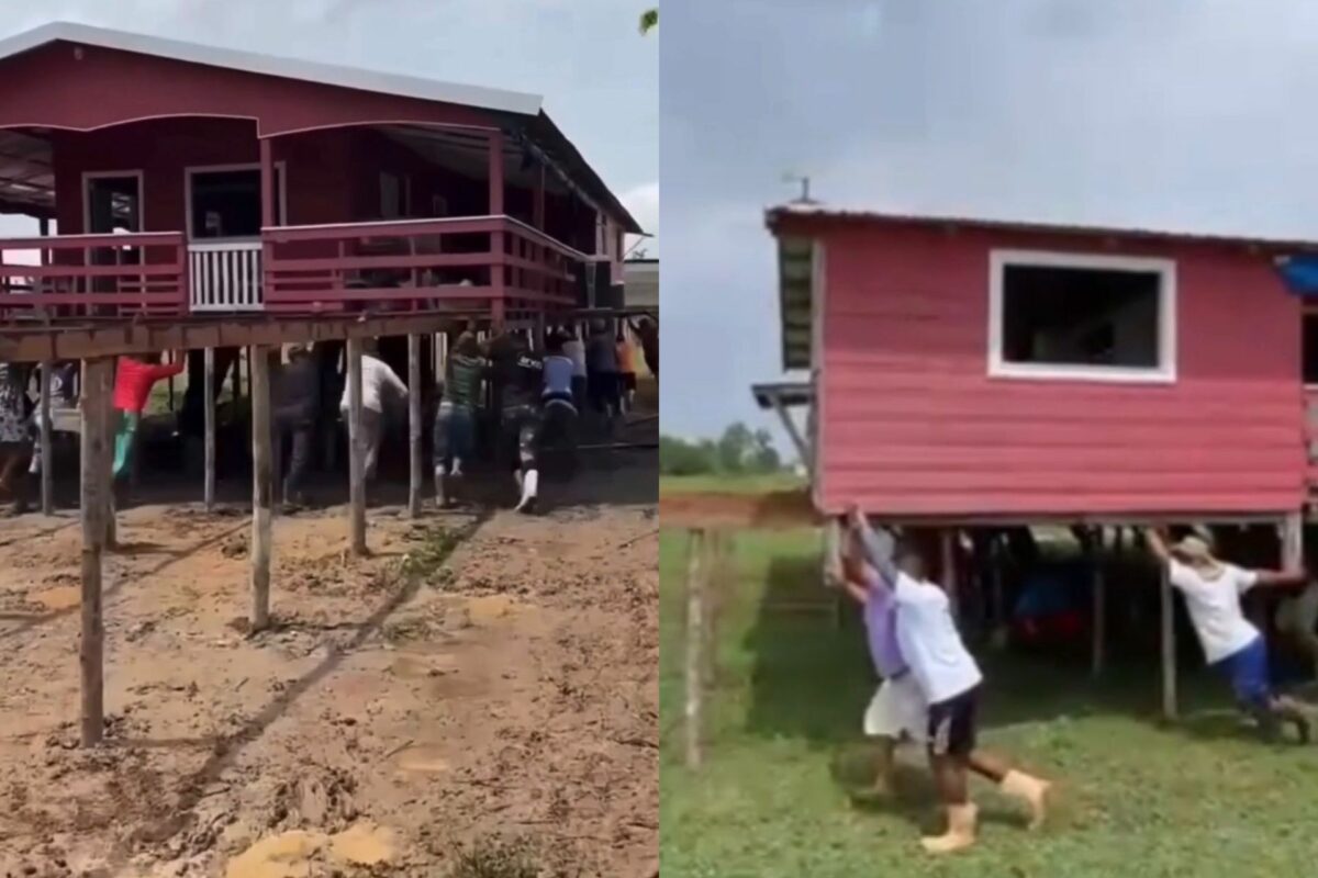 Vários ribeirinhos juntos empurram uma casa de palafita para levar o imóvel de madeira até um local seguro, longe da área de risco em Manaus. - Fotos: reprodução/redes sociais