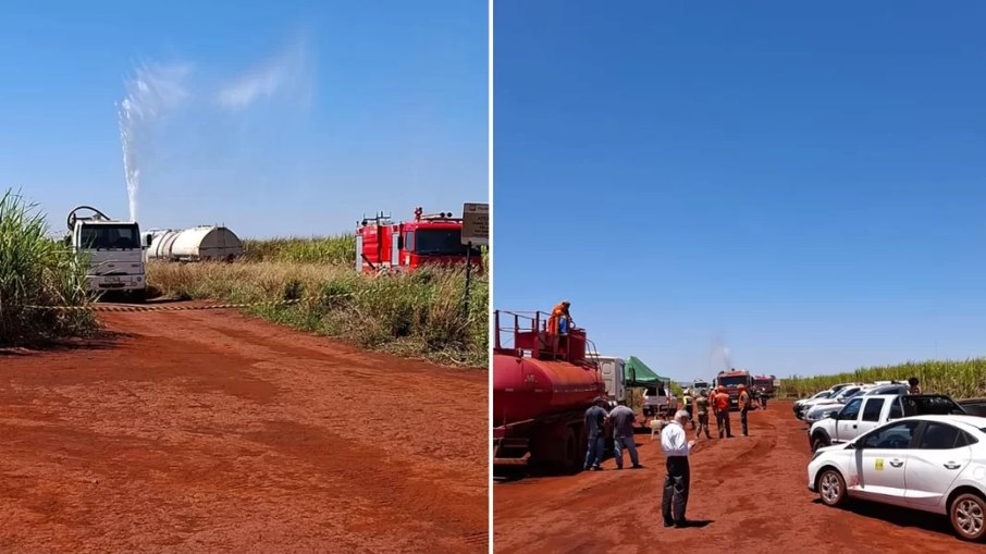 Equipes trabalham para conter o vazamento; gasolina jorra a metros de altura