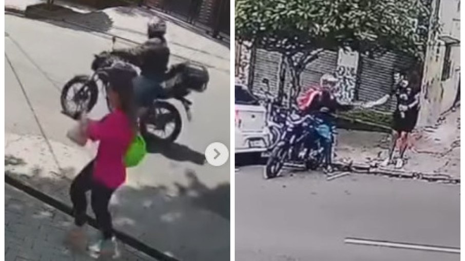 Vítimas sendo abordadas por criminosos de motocicletas
