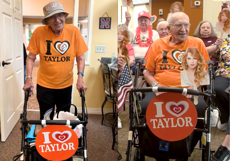 Frank, o idoso de 95 anos, criou um fã-clube muito especial para a cantora Taylor Swift e espera receber a visita dela. - Foto: reprodução redes sociais