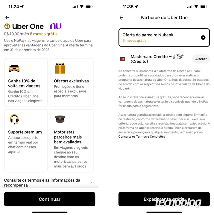 Ativando os seis meses grátis do Uber One