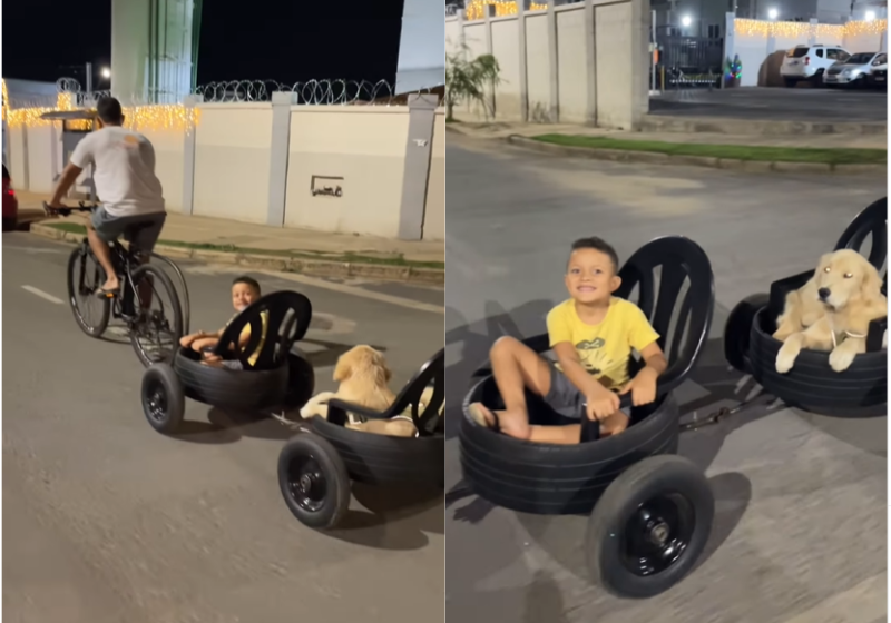 Homem improvisa trenzinho para levar filho e cachorro para passear e video viraliza O homem fez um trenzinho com cadeira de plástico e pneu para levar o filho e o cachorro para passear - Foto: redes sociais