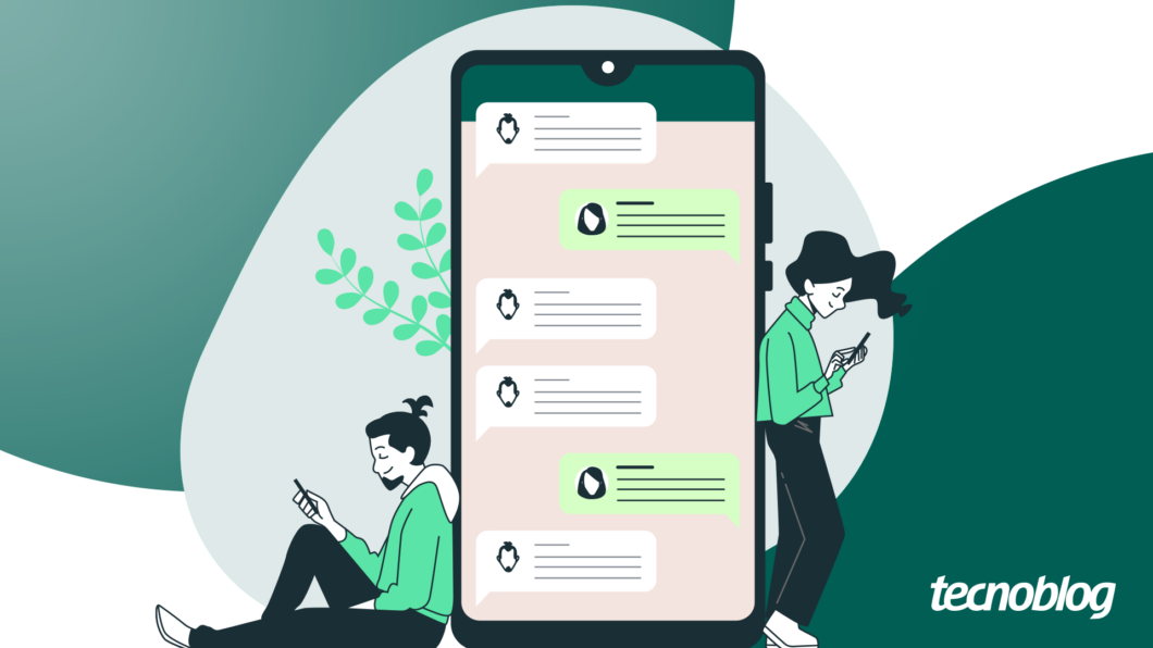 Uma ilustração com um smartphone grande e preto no centro, exibindo uma conversa de WhatsApp. A tela mostra balões de diálogo com texto genérico, alternando entre mensagens de entrada e saída. Ao lado esquerdo do celular, uma pessoa com coque e roupas casuais está sentada e mexendo em seu próprio celular. Do lado direito, uma pessoa com cabelos longos e roupas verdes também está de pé e mexendo no celular. A marca d