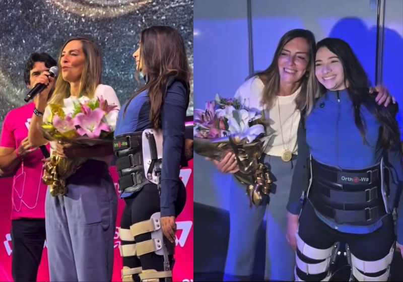 A ex-ginasta Lais Souza usou uma ortese e apareceu pela primeira vez de p&eacute; em SP para entregar pr&ecirc;mio &agrave; dra. Tatiana Sampaio, da Polilaminina. - Fotos: reprodu&ccedil;&atilde;o/ Instagram/ @lalikasouza