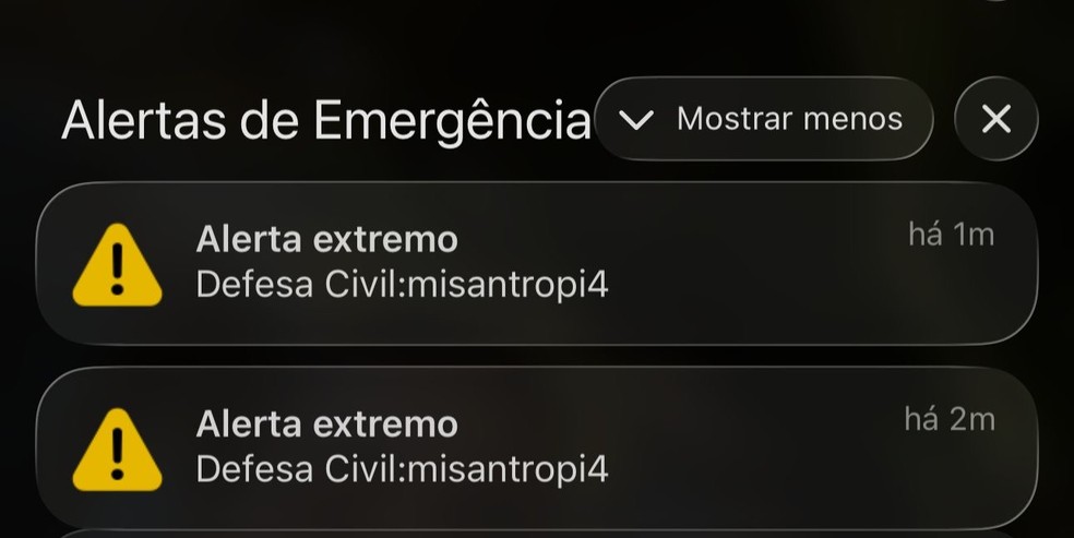 Morador do Rio de Janeiro mostra alerta extremo recebido no celular com a palavra “misantropia”. — Foto: Reprodução