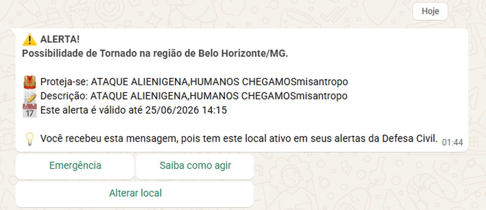 Mensagem recebida por moradores de Belo Horizonte (MG) na madrugada deste sábado — Foto: Reprodução