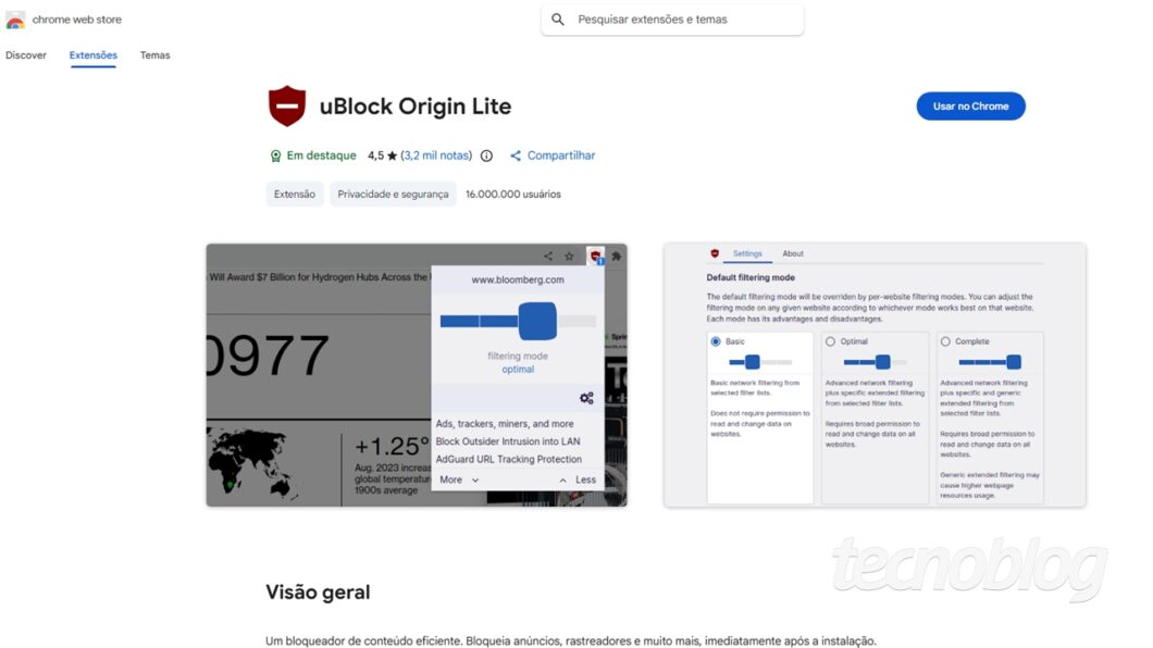 Extensão uBlock Origin Lite