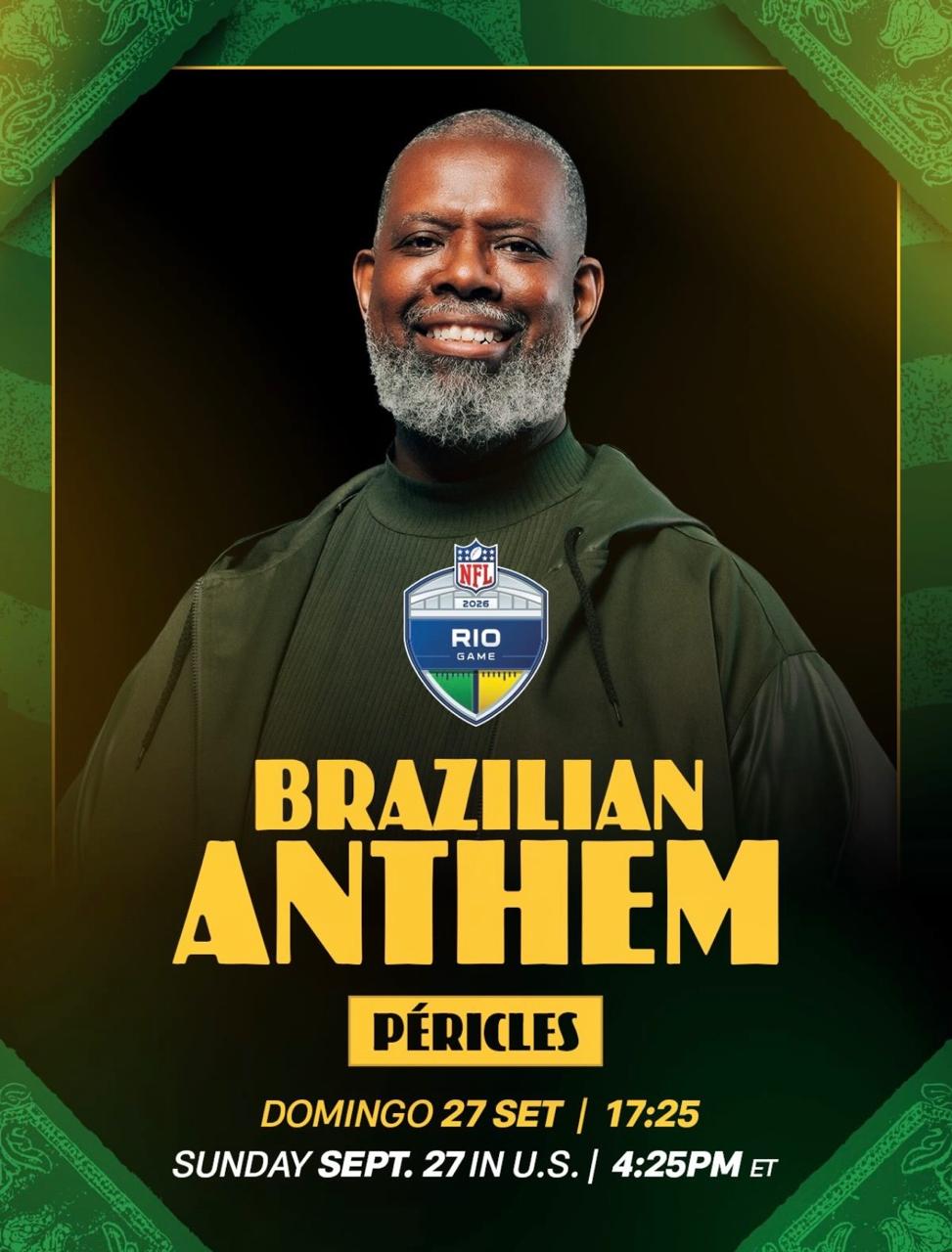 Péricles e Kandace Lindsey serão as vozes dos hinos no NFL Rio Game 2026 Péricles e Kandace Lindsey serão as vozes dos hinos no NFL Rio Game 2026