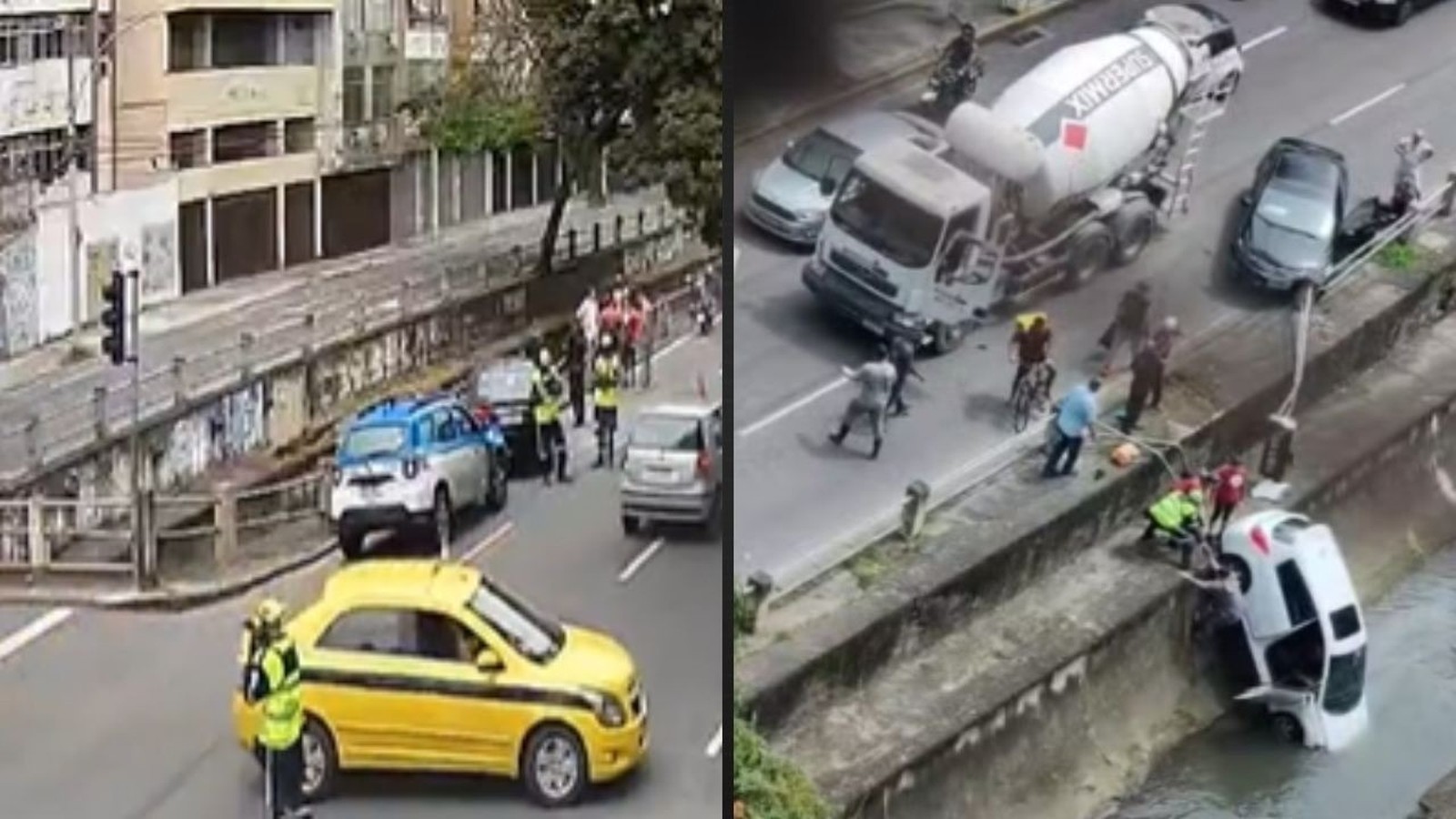 Acidente com três veículos termina com carro dentro do canal do Maracanã