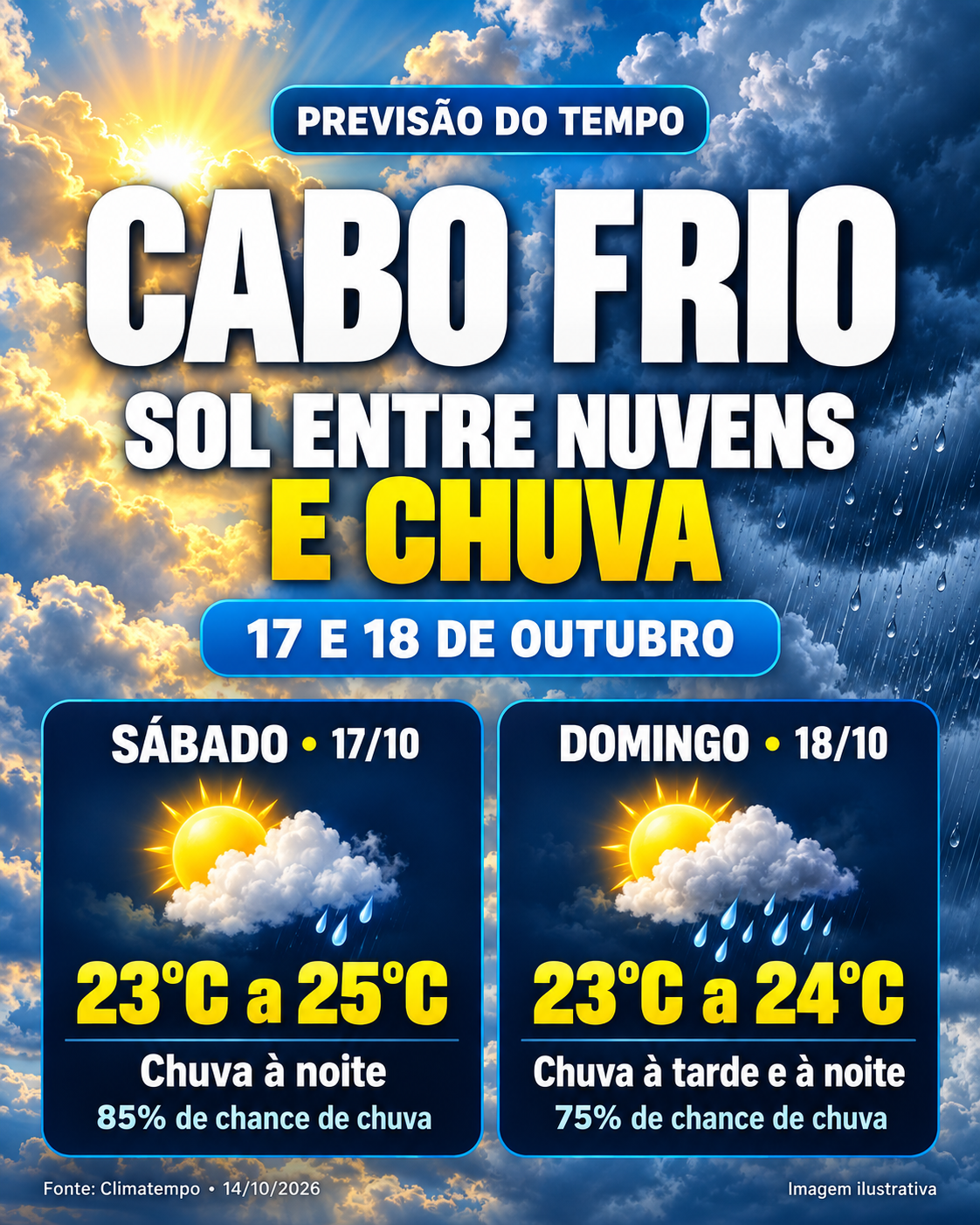 Cabo Frio terá sol entre nuvens e chuva no fim de semana; confira a previsão