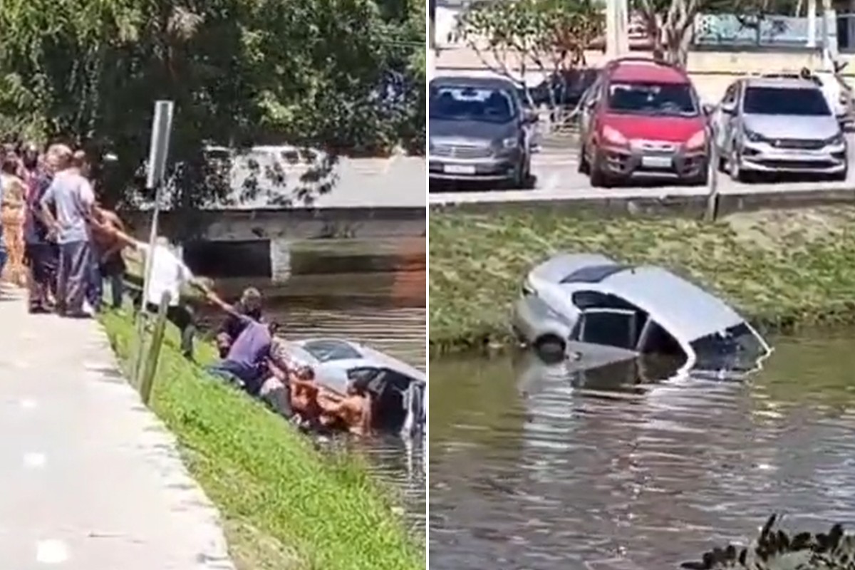‘Cordão humano’ salva mulher que caiu com o carro no rio em Araruama